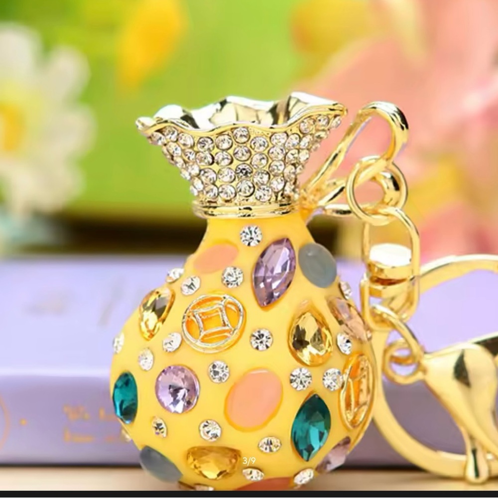 Colorful Yellow Gemstone Keychain or Purse Charm with Gold Accents
